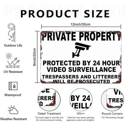 Private Property Protected By 24 Hour Video Surveillance Metal Sign 8x12 Inch, Funny Aluminum Wall Decor for Home Garden Farm Yard Warehouse Office Front Door Gate Wall Decor