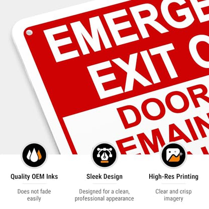 Emergency Exit Only, Door Must Remain Closed Sign, - size: 10x7