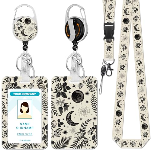 Hancynir Goth Moon Floral Lanyards for Id Badges with Retractable Reel Clip - color: Goth Moon Floral