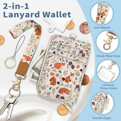 Foxes Lanyard Wallet with Id Badge Holder Keychain for Card Women - color: Foxes Flower
