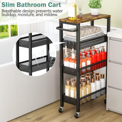 Vivihomety 4-Tier Slim Utility Rolling Laundry Cart with Wheels, Metal - color: Black, size: 7.1 inch wide