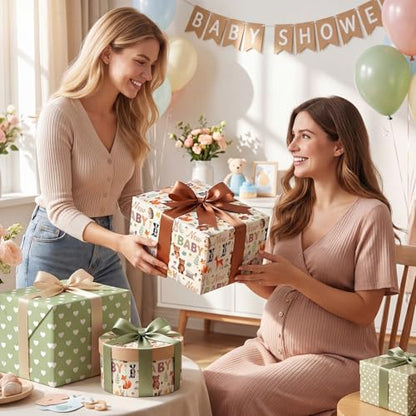 woric Baby Shower Wrapping Paper Roll 17 Inch x 33 Feet Neutral Gift Wrap - color: Green Woodland Animal