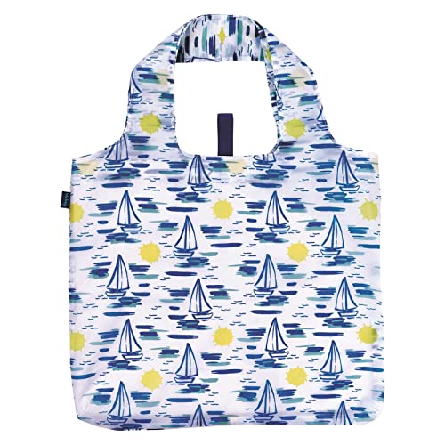 rockflowerpaper Reusable Grocery Bags - Washable, Foldable, Packable Tote, Large Handles, Heavy Duty, Zippered Top Pouch - color: Sails
