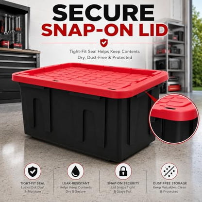 27 Gallon Heavy Duty Storage Tote with Lid, Stackable & Nestable Plastic Storage Bin for Garage, Large Tote Box Organizing Container, Black Red (2) - size: 2