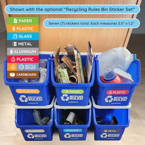 Recycling Rules! 6 Gallon Stackable Recycling Bin Container in Blue, Eco-Friendly Handy Recycle Bin with Easy-to-Carry Handle, 6-Pack - size: 6-pack