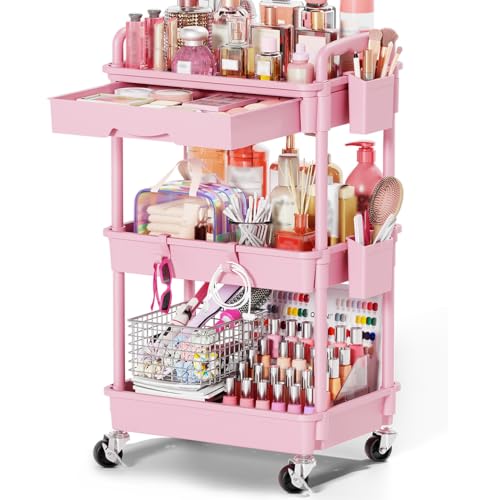 Goovilla Rolling Makeup Organizer Cart with Removable Drawer, 3 Tier Pink - color: Pink, size: 3 Tier