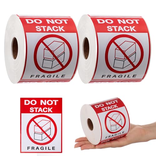 Fuyoooo 2 Rolls 3" x 4" 1000 Labels Do Not Stack Stickers, Heavy Duty Warning Labels for Shipping Boxes, Fragile Packages & Moving - Extra Strong Adhesive, Red/White/Black Eye-catching Design