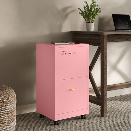 Lavish Home 2-Drawer Wooden File Cabinet with Lock, Pink, 16” x 27” - color: Pink, style: Gold Hardware