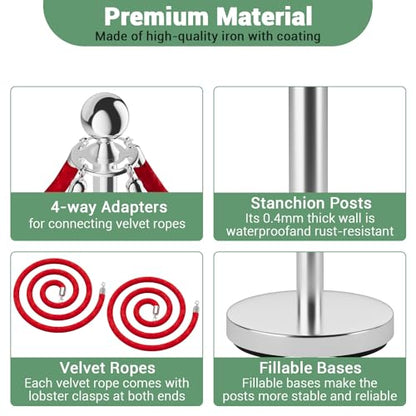 4 Pcs Commercial Stainless Steel Stanchion Posts with 2x5ft Red Velvet Ropes, Quick Setup, Crowd Control Posts and Ropes, Event Barrier with Hollow Base for Queue/Party/Red Carpet