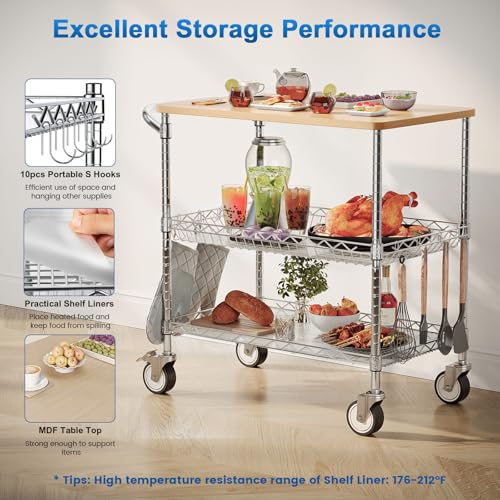 Rolling Kitchen Carts with Wheels, 3-Tier Utility Cart with Wood Tabletop - color: Wood-chrome