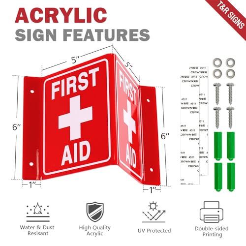 T&R First Aid Sign, First Aid with Cross Symbol - 4 Pack - 8 x 6 Inches Acrylic, 4 pre-drilled holes, Includes Matching Screws, Use for Office/Business - color: First Aid - 4 Pack