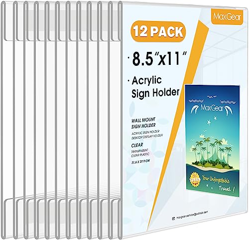 MaxGear Acrylic Sign Holder 8.5 x 11 Wall Mount with Tape, 12 Pack - size: 8.5"x11"-12Pack