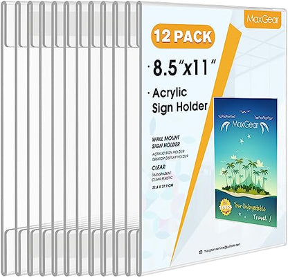 MaxGear Acrylic Sign Holder 8.5 x 11 Wall Mount with Tape, 12 Pack - size: 8.5"x11"-12Pack