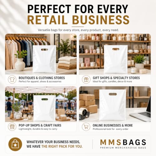 White Plastic Merchandise Bags, Die Cut Retail Shopping Bags for Small Business, Boutique & Store Packaging, 1.25 Mil, 9x12, 12x15, 15x18, Packs of 100, 200, 500 (100, 12x15) - size: 12x15