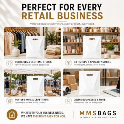 White Plastic Merchandise Bags, Die Cut Retail Shopping Bags for Small Business, Boutique & Store Packaging, 1.25 Mil, 9x12, 12x15, 15x18, Packs of 100, 200, 500 (100, 12x15) - size: 12x15