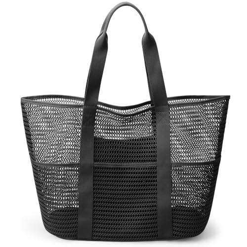 KALIDI Beach Mesh Tote Bag, Casual MAX 23L Summer Foldable Hobo Bag Women - color: Black 30l