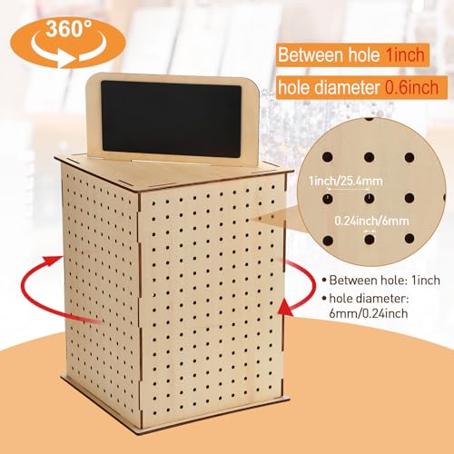Barydat Rotating Pegboard Display Stand with Hooks, 4 Sided Revolving Jewelry Organizer Stand 11.8 x 15.8 In with Blackboard for Retail Display Trade Show Craft Shows Keychain Vendor Events(Natural)