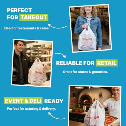 T-Shirt Bags Printed “Thank You” 21x12 Inches, 0.8 Mil Thick, 100 Count – Durable Plastic Carry Bags with Handles, Leak-Proof & Tear-Resistant, 20 Gallon Capacity, Recyclable Grocery & Restaurant Use