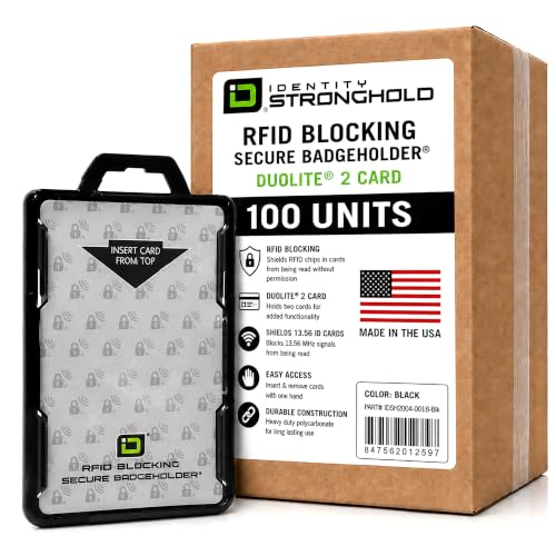 ID Stronghold - RFID Blocking Secure Badge Holder - Duolite 2 Card ID Holder - Poly Carbonate - Heavy Duty Hard Plastic ID Badge Holder - Molded and Assembled in The USA (Black, 100) - color: Black, size: 100 - Pack