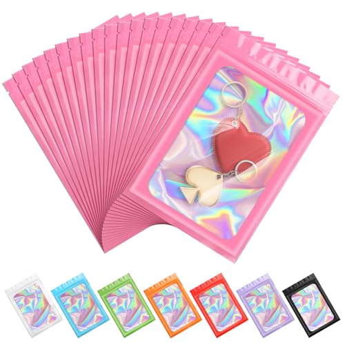 ANZNKU 100PCS Holographic Pink Mylar Bags, Resealable Smell Proof 5.1x8.3 - color: Pink, size: 5.1 x 8.3 Inch
