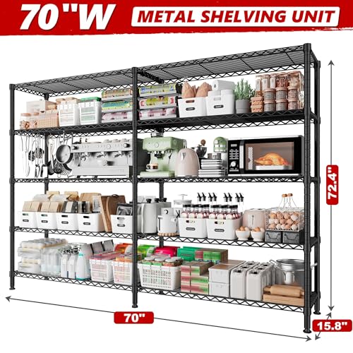 REIBII 70" W Storage Shelves Heavy Duty Load 1600LBS, Metal Shelving 5-Tier Wire Shelving Unit Metal Shelves for Storage Adjustable Shelving Rack for Pantry Kitchen 70" W*15.8" D*72.4" H, 2 Pack - style: 2 set-Black-70" W*15.8" D*72.4" H