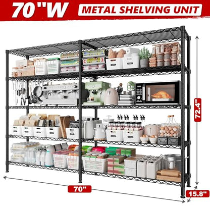 REIBII 70" W Storage Shelves Heavy Duty Load 1600LBS, Metal Shelving 5-Tier Wire Shelving Unit Metal Shelves for Storage Adjustable Shelving Rack for Pantry Kitchen 70" W*15.8" D*72.4" H, 2 Pack - style: 2 set-Black-70" W*15.8" D*72.4" H