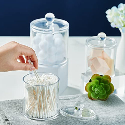 SheeChung 3 PCS Qtip Holder Bathroom Set with Tray, Acrylic Apothecary Jars - color: Clear