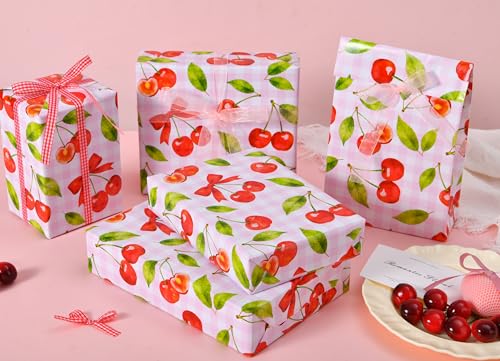 Sikiweiter Cherry Wrapping Paper Roll - 17" x 16.5 ft - Pink Gingham with Red Cherries and Bows - Gift Wrap for Birthday, Party, Baby Shower, Sweet Themes(Cherry) - color: Cherry