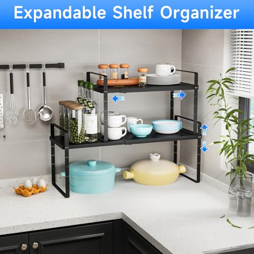 Expandable Cabinet Shelf Organizer, Stackable Kitchen Pantry Counter Storage, Adjustable Closet Cupboard Stand Rack Risers Spice Organization 80LBS Heavy Duty Black Large 1 Pack - color: Black Large