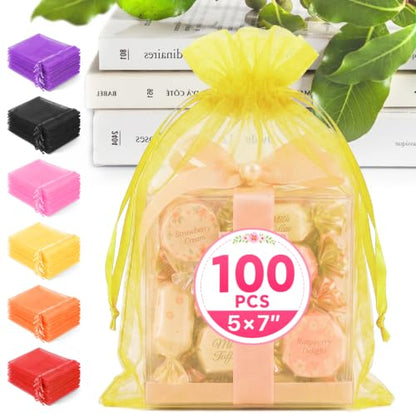 ANZNKU 100PCS Organza Bags 5x7 Yellow Small Gift Mesh Drawstring Goodie Bag - color: Yellow