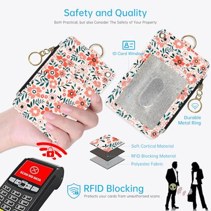 Flowers 2-in-1 ID Badge Holder & Lanyard Wallet for Teachers,Nurse,Professionals-Cute Zippered Coin Pouch,Removable Wristlet & Neck Lanyard,5 Card Slots Stylish Work Essential 2 - color: Flowers 2