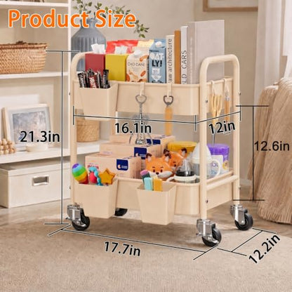 2 Tier Small Rolling Cart Metal with Wheels, 22 Inch Beige Under Desk Carts - color: Gentle‌ Beige, size: 2 Tier + Cups + Hooks
