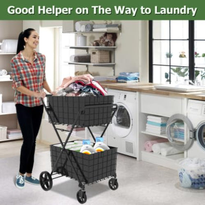 Extra Jumbo Foldable Shopping Cart with 2 Removable Baskets and Waterproof Liner, Heavy Duty Utility Grocery cart on Wheels, Rolling 2-Tier Laundry cart with 360° Swivel Front Wheels (2-Tire) (Black) - color: Black