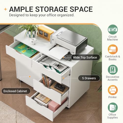 DEVAISE 5-Drawer Wood Office Cabinet, Craft Storage Cabinet, White - color: White - 3 Medium + 2 Small
