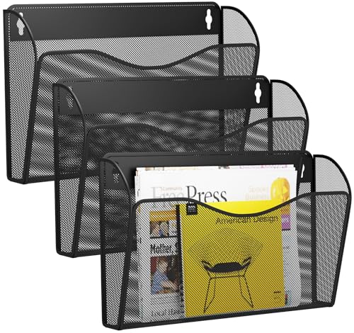 3 Single Pocket Wall File Holder, Mesh Hanging File Folder Paper Organizer, Vertical Wall Mounted Mail Basket, Storage Organization Magazine Rack for Office, Home and School, Black - color: Black, size: 3 Pack Wall Mounted