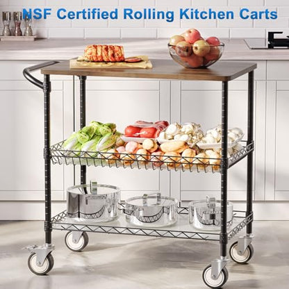 Rolling Kitchen Carts with Wheels, 3-Tier Utility Cart with Wood Tabletop - color: Wood-black