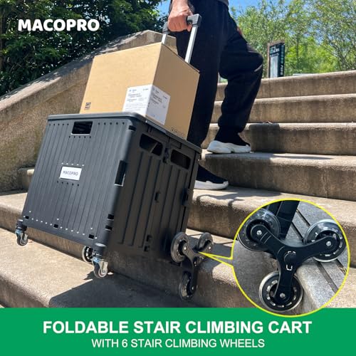 MACOPRO Foldable Utility Cart with Stair Climbing Wheels, Collapsible Rolling Crate with Telescoping Handle, Folding Shopping Trolley Handcart Grocery Book File Tool Teacher Storage Basket (Black) - color: Black