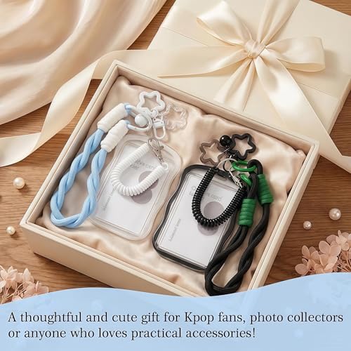 AZY 2-Piece Photocard Holder Keychain Set – White & Black Silicone Keychains with Spring Rope & Twisted Hand Strap for Kpop Photos, Cards & Keys - color: Black