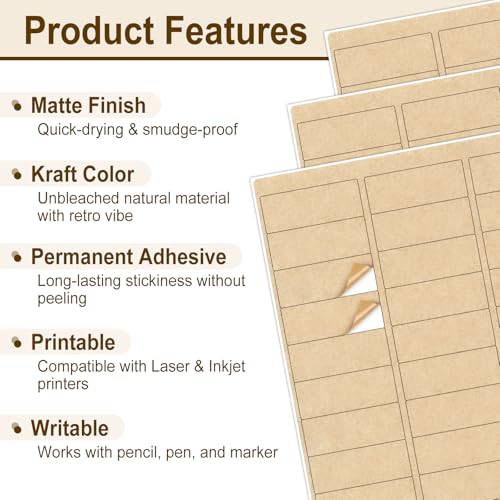 NATURALABEL Kraft Labels for Laser & Inkjet Printers, 1"x2-5/8", 30 Sheets