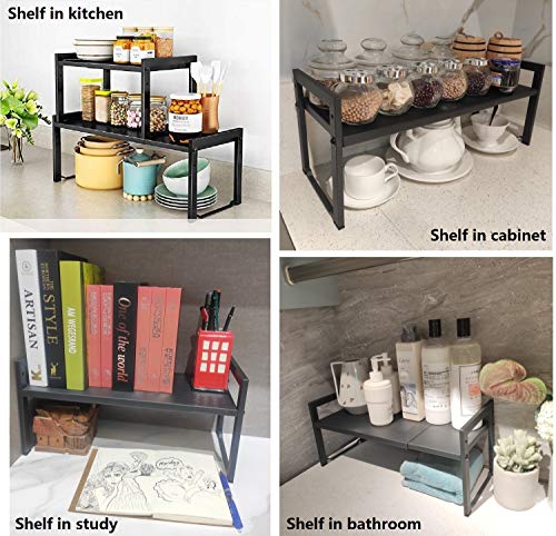 2 Pack Expandable Cabinet Shelf 7.9"D Adjustable Counter Riser Rack Black - color: Black, size: 7.9"D (normal) - 2 Pack