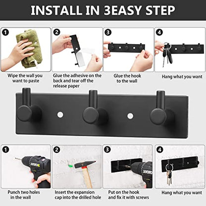 Stainless Steel Wall Key Holder Set of 2 - 3 Key Hooks Modern Hanger for Home, Kitchen, Entryway, Hallway, Office, Cabinet, Bathroom (Black) - color: Black