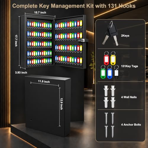 Key Cabinet Lock Box with 131-Keys: Steel Wall Mount Key Box Organizer - Large Storage and Secure Combination Lock Boxes for Home Office Business - Black - color: Matte Black