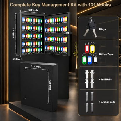 Key Cabinet Lock Box with 131-Keys: Steel Wall Mount Key Box Organizer - Large Storage and Secure Combination Lock Boxes for Home Office Business - Black - color: Matte Black