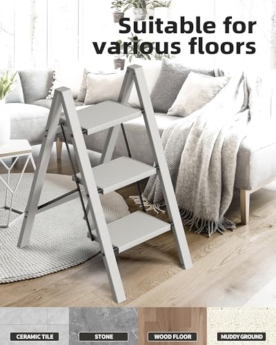 HillhutApex 3 Step Stool Foldable Ladder,Aluminum Step Ladder - color: Gray
