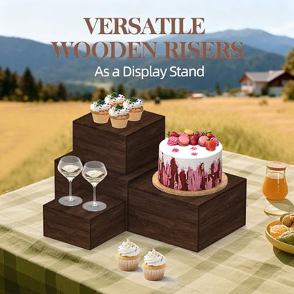 8 PCS Wooden Buffet Risers, Rustic Wood Cake Cupcake Stands, Square Food Risers for Buffet Table, Catering Dessert Table Display Set, Stackable Wooden Crates for Party, Decor, Wedding, Birthday - size: 11" 10" 9" 8" 7" 6.3" 5.5" 4.7"