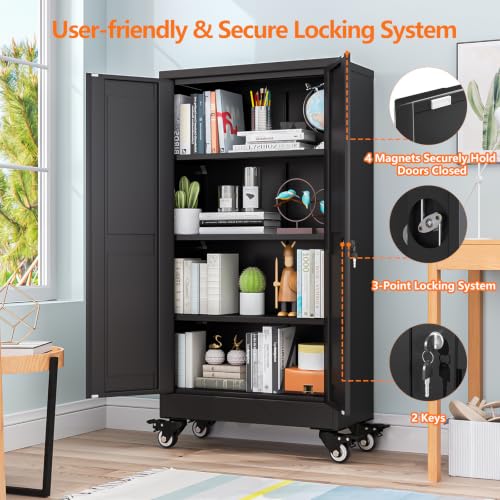 pozdeg 45.6" Black Lockable Rolling Metal Garage Storage Cabinet - color: Black, size: 11.8"D x 23.7"W x 45.6"H