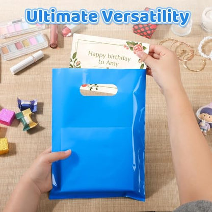 VieFantaisie 50 PCS Blue Party Favor Bags, 8" x 11" Goodie Bags for Candy Treat Craft Easter Egg, Plastic Gift Bag with Die Cut Handles for Birthday Party, School Events & Small Business, Wedding - color: Blue-50PCS-8x11Inch
