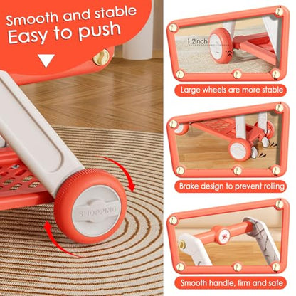Shopping Cart for Kids, Large Pretend Grocery Cart with 30 Play Food Pieces - style: Red