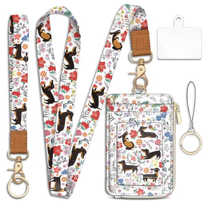 Dachshund Lanyard Wallet with ID Badge Holder, Flower Small RFID Keychain - color: Dachshund Flower