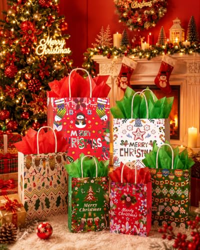 qiqee 100PCS Paper Gift Bags Assorted Christmas Paper Bags Red White Green - color: Red White Green